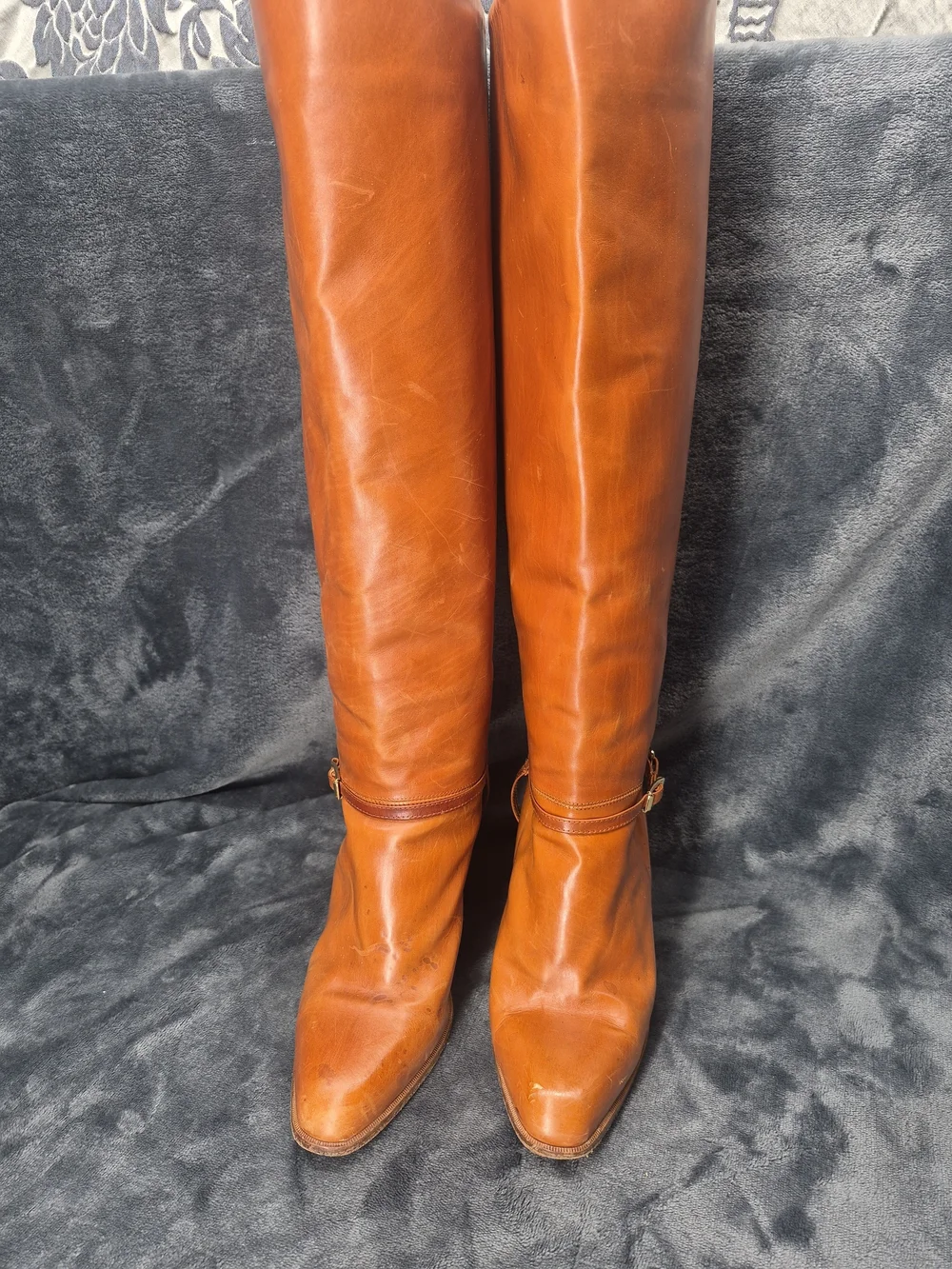 Vtg Cognac Brown Leather Classic Knee High Boots Ankle Strap Gold Tone 7.5